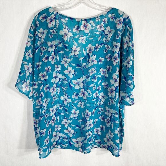 Torrid Plus Size 2X Top Floral Print Georgette Blue Chiffon Pintucked 1433 - Picture 3 of 11